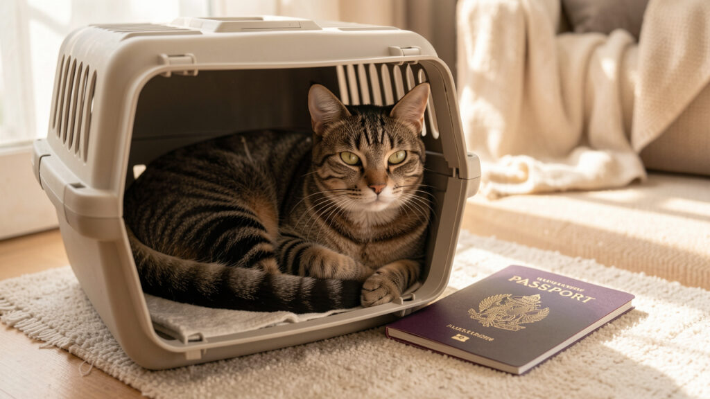 Chat européen calme installé dans une caisse de transport ouverte, avec un passeport animal et un carnet de vaccination posés à côté.