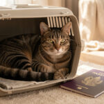 Comment faire le point sur les vaccins des chats et chatons avant un voyage ? Chat européen calme installé dans une caisse de transport ouverte, avec un passeport animal et un carnet de vaccination posés à côté.