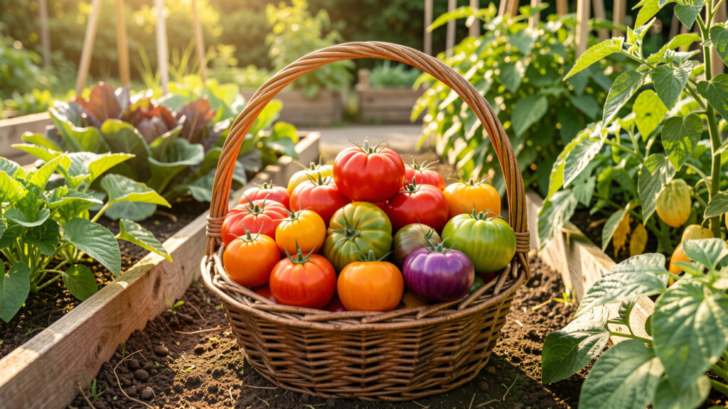 Panier rempli de tomates anciennes multicolores fraîchement récoltées dans un potager ensoleillé.