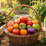Quelles tomates choisir pour le goût du jardin plutôt qu’en grappe du commerce ? Panier rempli de tomates anciennes multicolores fraîchement récoltées dans un potager ensoleillé.