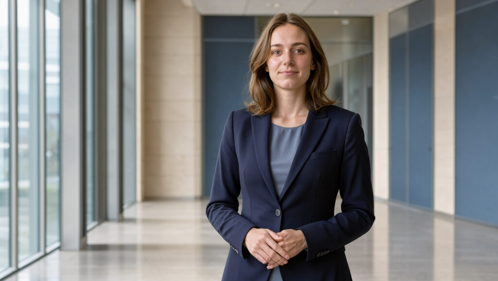 Portrait réaliste d’une jeune députée européenne française en tailleur bleu marine, debout dans un couloir sobre et lumineux du Parlement européen.