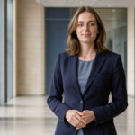Comment comprendre le parcours, le mandat et l’influence de Sarah Knafo ? Portrait réaliste d’une jeune députée européenne française en tailleur bleu marine, debout dans un couloir sobre et lumineux du Parlement européen.