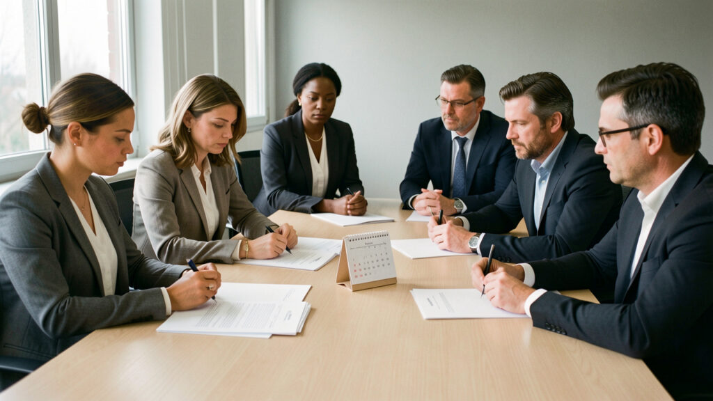 Des salariés réunis dans une salle de réunion sobre autour d’une table présentant des documents administratifs et un calendrier juridique vierge.