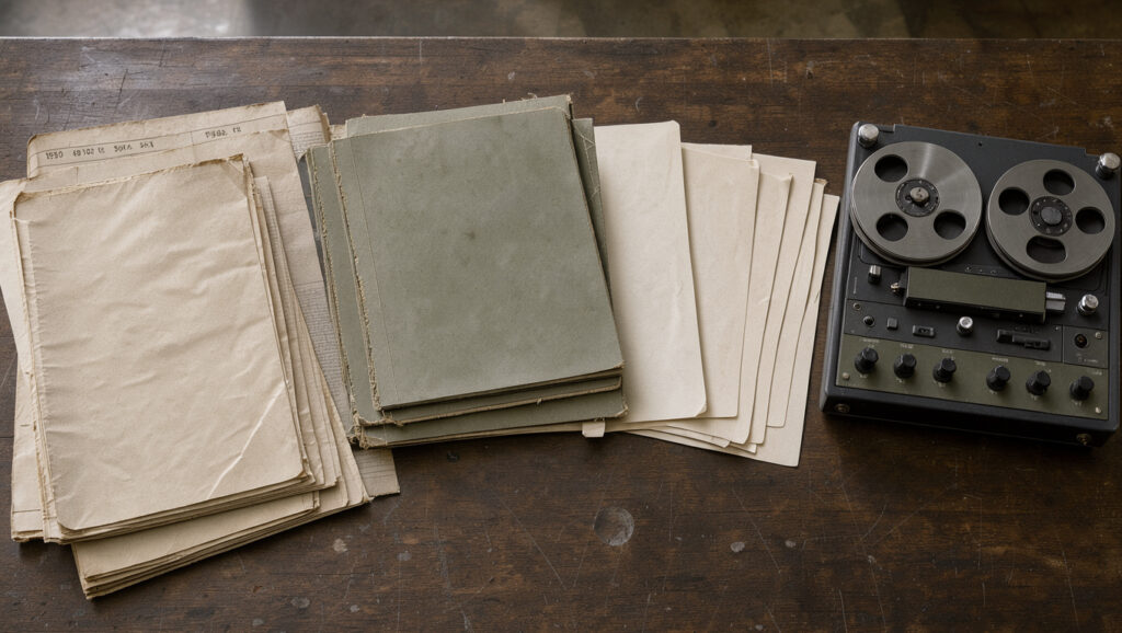 Table de consultation sobre avec anciens journaux français des années 1980, dossiers d’archives et magnétophone à bandes.